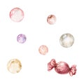 Watercolor hand drawn set of objects, pastel color bubbles and red bonbon. Isolated on white background. Design for Royalty Free Stock Photo