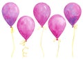 Watercolor hand drawn set with pink balloons isolated on white background.