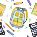 Watercolor hand drawn set of school items. Welcome back to school. Glue, marker, notes, pencil, notebook, briefcase