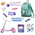 Watercolor hand drawn set of school supplies Royalty Free Stock Photo
