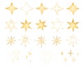 Watercolor hand drawn set with shiny gold Christmas decoration winter starry sky, glitter, outline yellow stars and dots