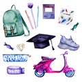 Watercolor hand drawn set of students atributes Royalty Free Stock Photo