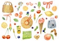 Watercolor hand-drawn set on summer theme. Straw hat, bouquet, basket, bows, flowers, berries, fruits, ice cream, photo Royalty Free Stock Photo