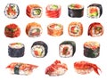 Watercolor hand drawn set of sushi and rolls, isolated on white background. Royalty Free Stock Photo