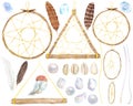 Watercolor hand drawn set with wood dream catcher elements, feathers, pearls, shells, moonstones and ribbons