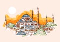 Watercolor hand drawn sketch of Aya Sofya, Hagia Sophia Mosque, Istanbul, Turkey. A famous sightseeing of Turkey.