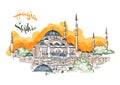 Watercolor hand drawn sketch of Aya Sofya, Hagia Sophia Mosque, Istanbul, Turkey. A famous sightseeing of Turkey. Royalty Free Stock Photo