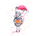 Watercolor hand drawn sketch illustration of Christmas Gray mouse wth a gift