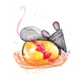 Watercolor hand drawn sketch illustration of Gray mouse lays on an Easter egg Royalty Free Stock Photo