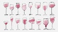 Watercolor and hand drawn sketch of wine glasses set with red wine. Wine glass collection isolated on white, art design. Royalty Free Stock Photo