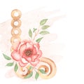 Watercolor hand drawn soft color peony bouquet illustration and branch on the decorated fence detail. Wedding invitation