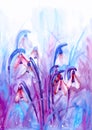 Watercolor draw of snowdrops in lilac tones