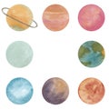 Watercolor hand drawn square frame with abstract planets of solar system isolated on white background with copy space Royalty Free Stock Photo