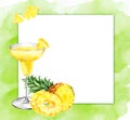 watercolor hand drawn square frame with pineapple with half and slices ripe pineapple and cocktail glass, sketch of