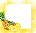 watercolor hand drawn square frame with pineapple, half and slices ripe pineapple, pineapple rings, sketch of yellow