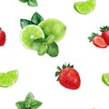 Watercolor hand drawn strawberry, lime, mint isolated seamless pattern.