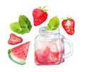 Watercolor hand drawn strawberry smoothie in glass bottle. Illustration of tasty drink with watermelone, mint leaf.