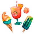 Watercolor hand drawn summer food set of 2 ice cream, cocktail and peach. Royalty Free Stock Photo