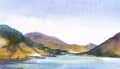 Watercolor hand drawn summer landscape of Sevan lake in Armenia. Beautiful pure pond with high mountains and green hills around.