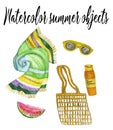 Watercolor hand drawn summer objects, beach blanket, yellow sunglasses, sun cream, watermelon slice, isolated objects