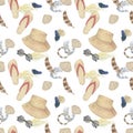 Watercolor hand-drawn summer pattern with hats, summer shoes, feathers, bracelet, seashells, sunglasses and beige, grey stains. Royalty Free Stock Photo