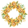 Watercolor hand drawn sunflower wreath