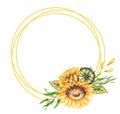 Watercolor hand drawn sunflower wreath