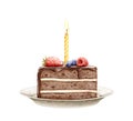 Watercolor hand drawn sweet and tasty piece of chocolate birthday cake with berries and candle Royalty Free Stock Photo