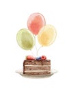 Watercolor hand drawn sweet and tasty piece of chocolate birthday cake with berries and three balloons