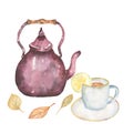 Watercolor hand drawn Teacup with lemon and tea pot with autumn leaves composition. Vvintage style. Old style