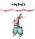 Watercolor hand drawn template of Easter greeting card with cute bunny boy with painted egg in paws and pink garland