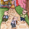 Watercolor hand drawn three pigs. Story. Illustrations and a cover.