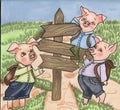 Watercolor hand drawn three pigs. Story. Illustrations and a cover.