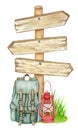 Watercolor hand drawn tourist illustration. Wooden road sing, grass bush, backpack, kerosene lamp clipart