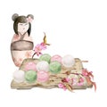 Watercolor hand drawn traditional Japanese sweets. Spring dango, sakura cherry blossom, kokeshi doll. Isolated on white Royalty Free Stock Photo