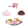 Watercolor hand drawn traditional Japanese sweets. Spring wagashi, sakura mochi, daifuku, cherry. Isolated on white Royalty Free Stock Photo