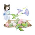 Watercolor hand drawn traditional Japanese sweets. Summer dango, morning glory, kokeshi doll. Isolated on white Royalty Free Stock Photo