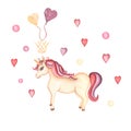 Watercolor hand drawn  unicorn card illustration withhearts and baloona, fairy tale animal creature, magical  clip art, isolated Royalty Free Stock Photo