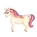 Watercolor hand drawn  unicorn horse, pony animal illustration , fairy tale animal creature, magical  clip art, isolated on white Royalty Free Stock Photo
