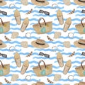 Watercolor hand drawn vacation pattern with blue waves, straw bags, shoes, sunglasses, summer shoes, bracelet, shells, feathers. Royalty Free Stock Photo