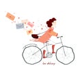 Watercolor hand drawn Valentine's day postcard with illustration of a young girl bicycle courier. Special delivery