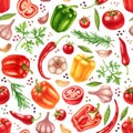 Watercolor vegetables seamless pattern with garlic, tomatoes, herbs, chili and bell peppers Royalty Free Stock Photo