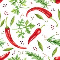 Watercolor vegetables seamless pattern with hot chili peppers and herbs Royalty Free Stock Photo