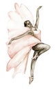 Watercolor dancing ballerina with dark skin. Pink pretty ballerina