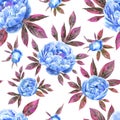 Watercolor hand drawn peone vintage seamless pattern with peony flowers and leaves