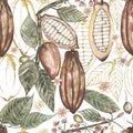 Watercolor hand drawn vintage style cacao branch and golden liner seamless pattern, floral repeat paper, cocoa leaves and pod