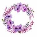 Watercolor Hand Drawn Violet Floral Wreath On White Background
