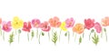 Watercolor hand drawn wild meadow colorful poppies flowers composition. Summer floral seamless border Royalty Free Stock Photo