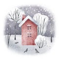 Watercolor hand drawn winter scene. Illustration of snowy winter forest landscape with red house, cute village, snowfall Royalty Free Stock Photo
