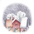 Watercolor hand drawn winter scene. Illustration of snowy walk in the winter forest landscape with red houses, cute